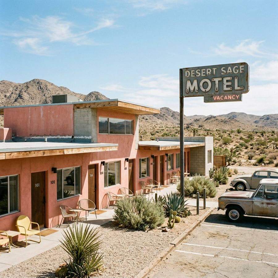 AI-generated architecture photograph of a desert motel with a vintage sign