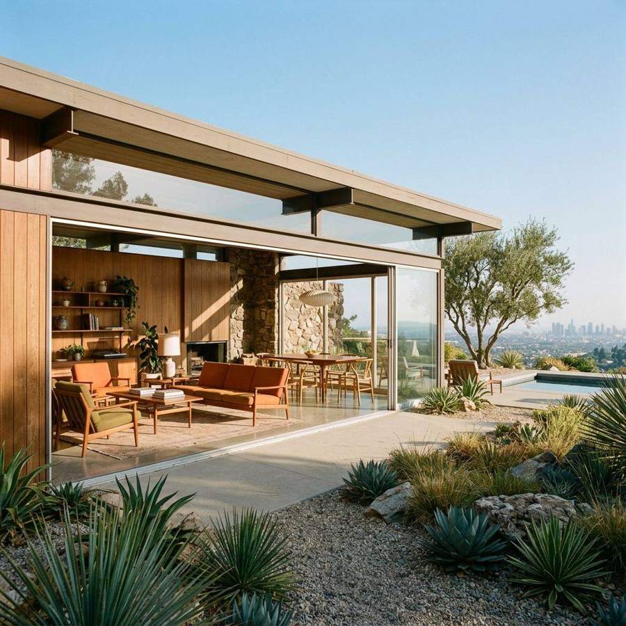 AI-generated architecture photograph of a modernist house with a garden at golden hour