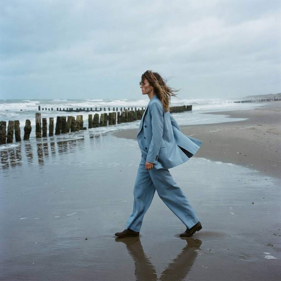 AI-generated fashion photograph of a woman in a light blue suit walking on a windswept beach