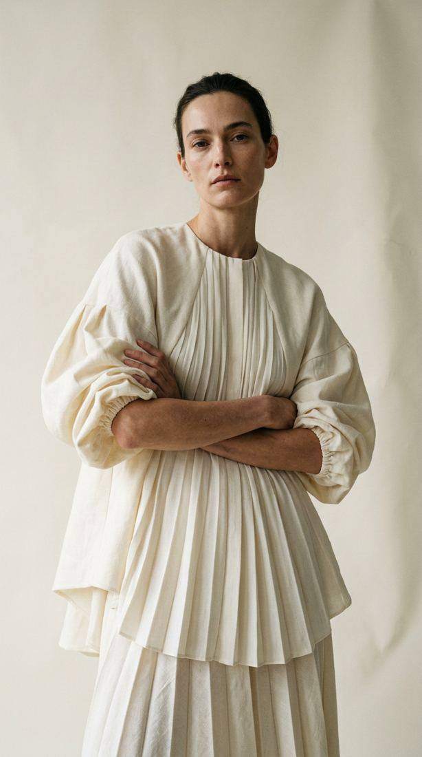 AI-generated fashion photograph of a woman in a cream pleated dress, arms crossed, studio shoot