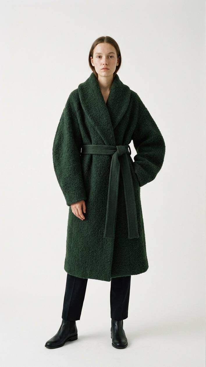 AI-generated fashion photograph of a model in a green belted wool coat