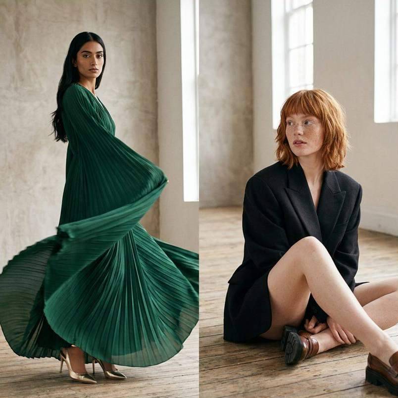 AI-generated studio shoot: two models in a green pleated dress and a black blazer