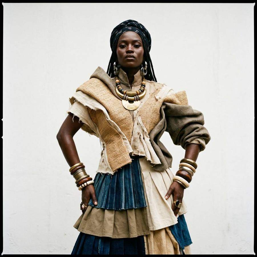 AI-generated fashion portrait of a woman in a layered ruffled outfit with gold bracelets