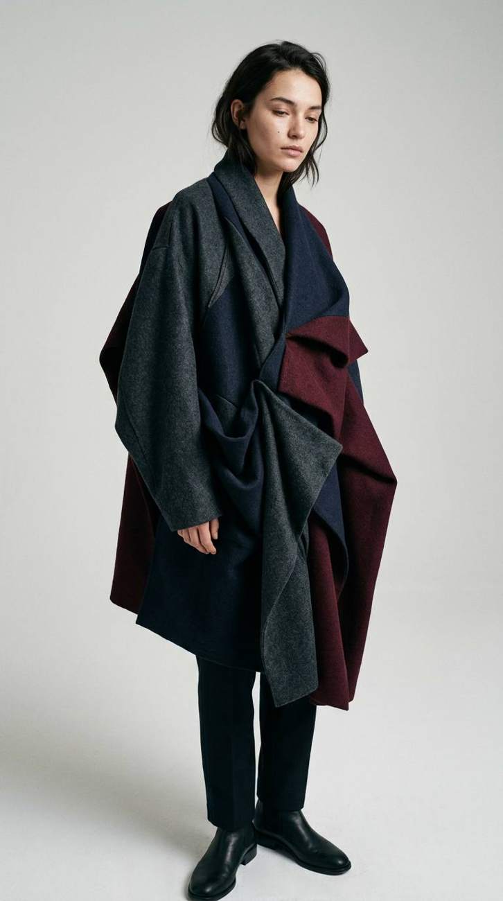 AI-generated fashion photograph of a model in a layered grey, navy and burgundy wool coat
