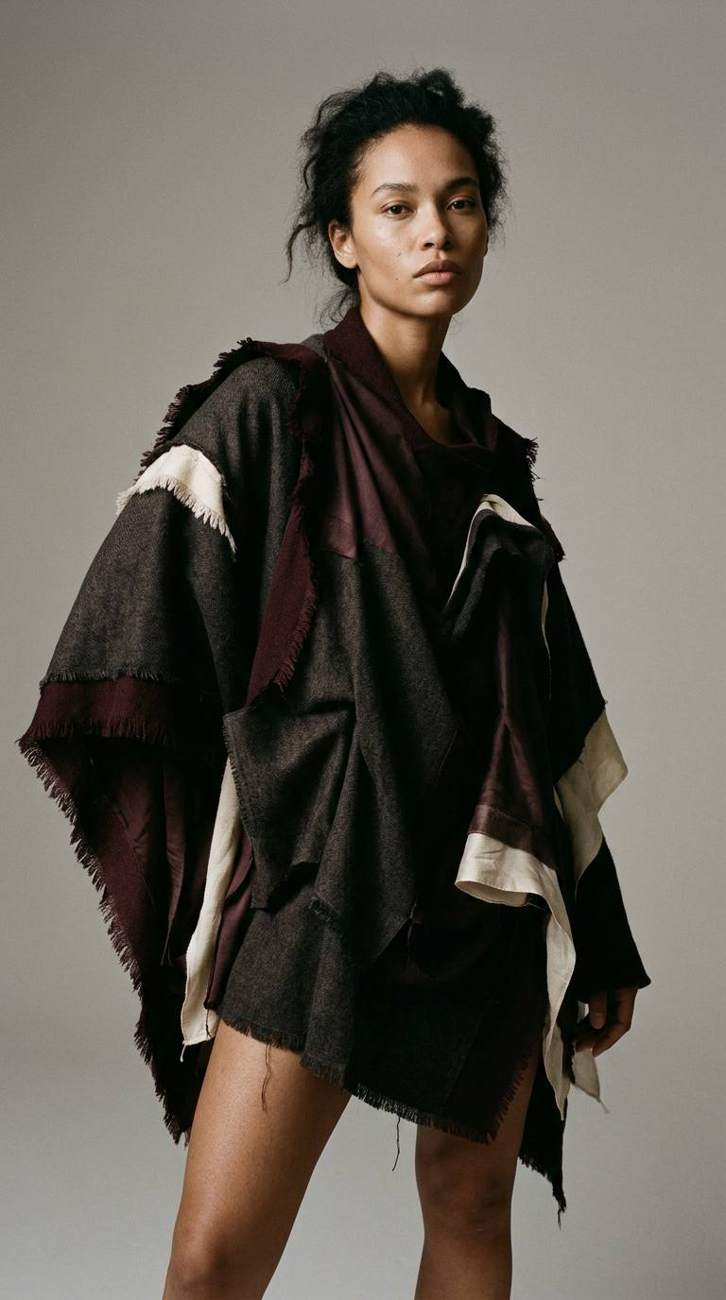 AI-generated fashion photograph of a woman in a burgundy and charcoal layered wool poncho