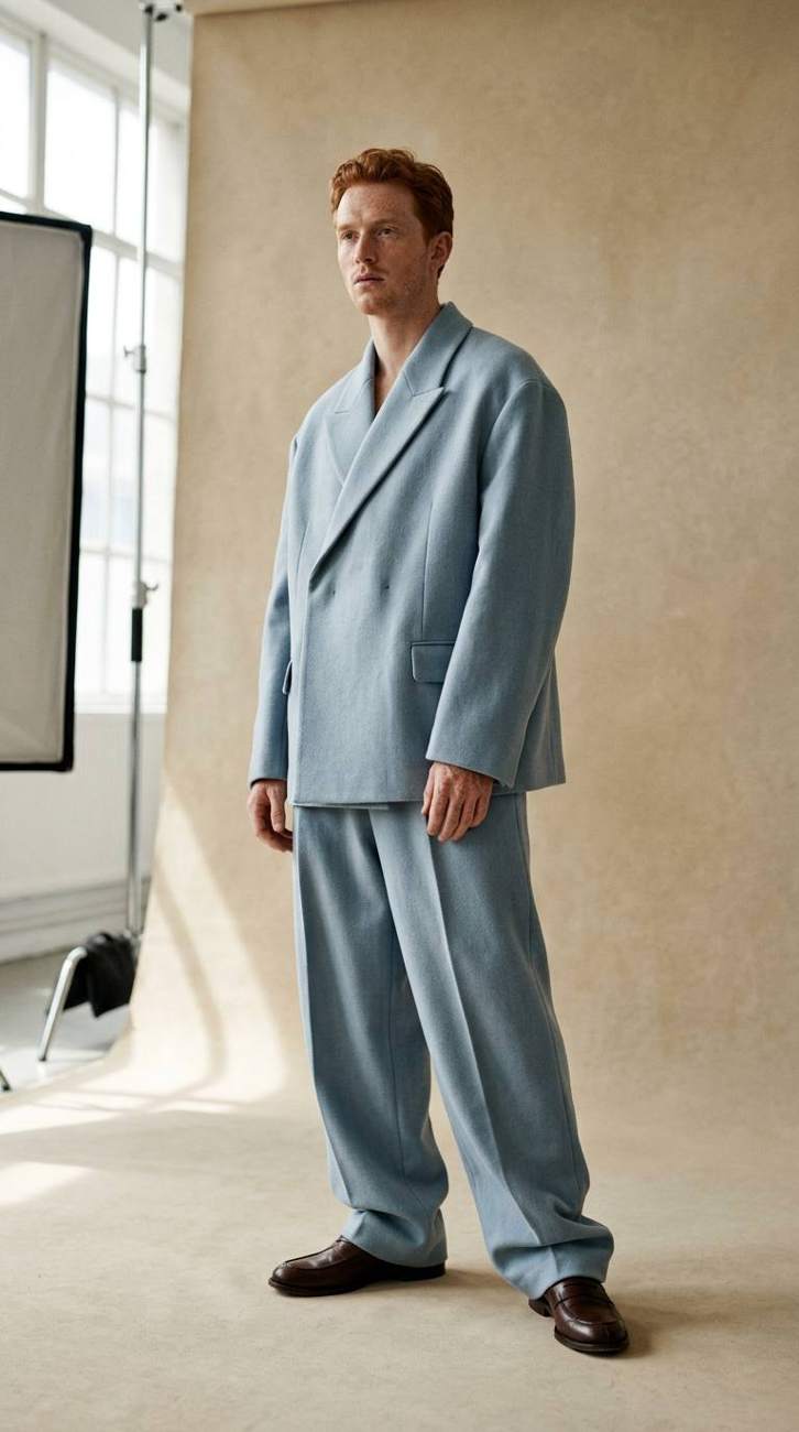 AI-generated fashion photograph of a red-haired man in an oversized light blue suit, studio