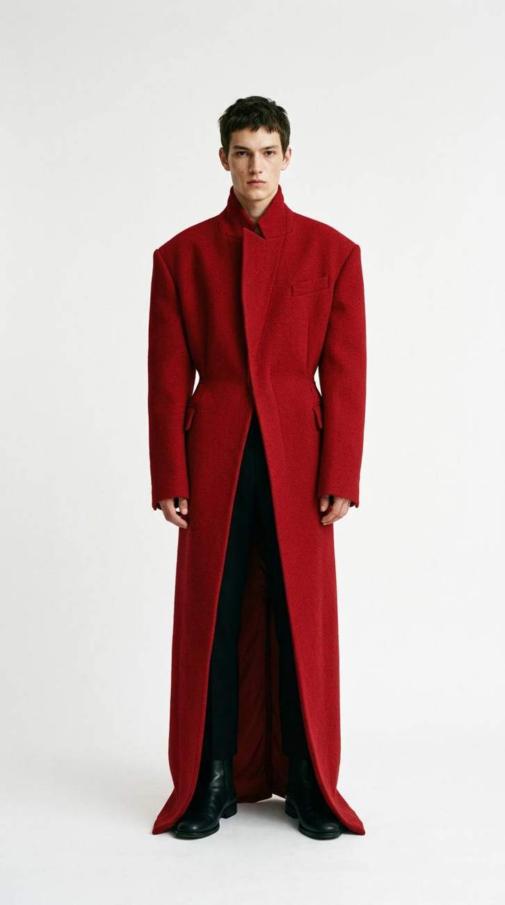 AI-generated fashion photograph of a model in a long red wool coat on a white background