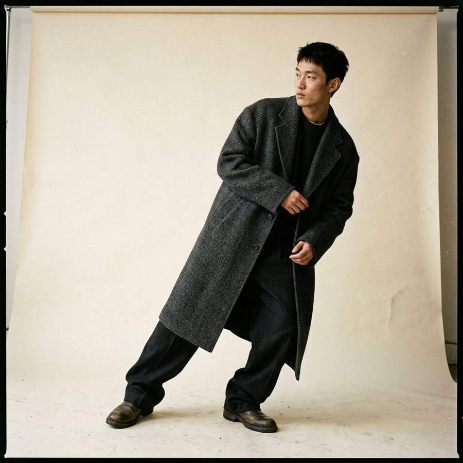 AI-generated fashion photograph of a man in a long grey coat on a beige studio backdrop