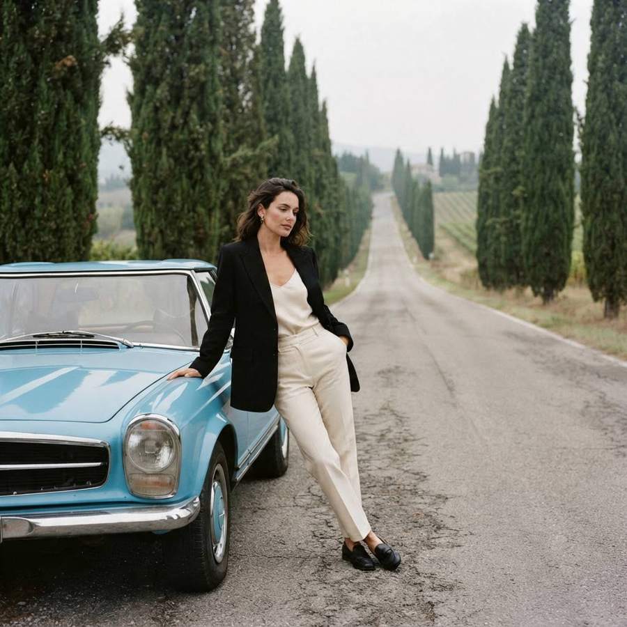 AI-generated fashion photograph of a woman in a black blazer beside a vintage blue car on a cypress-lined road