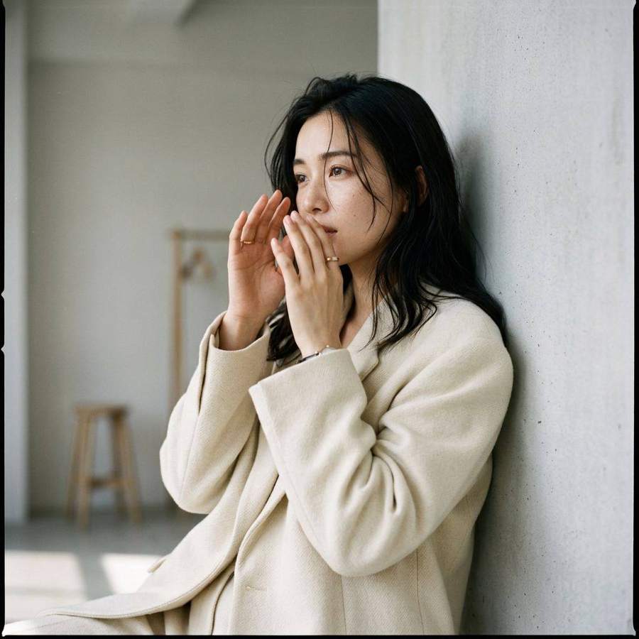 AI-generated studio photograph of a woman in a cream knit jacket, hand near her face