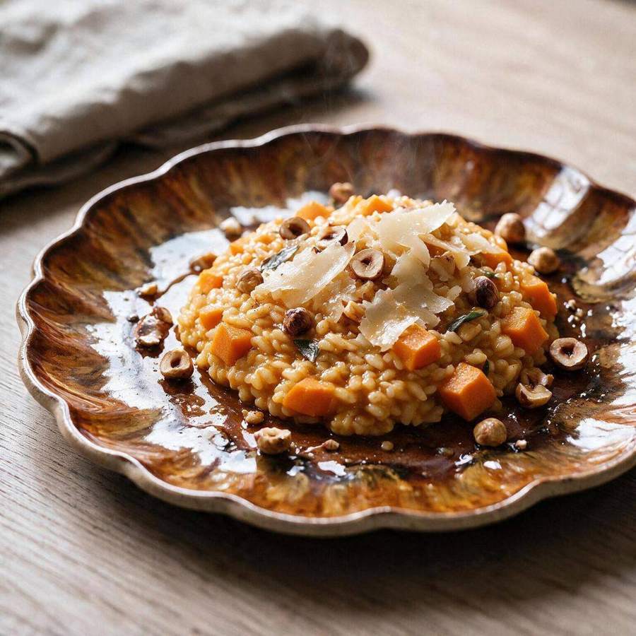 AI food photography: baked dish with nuts on a scalloped ceramic plate
