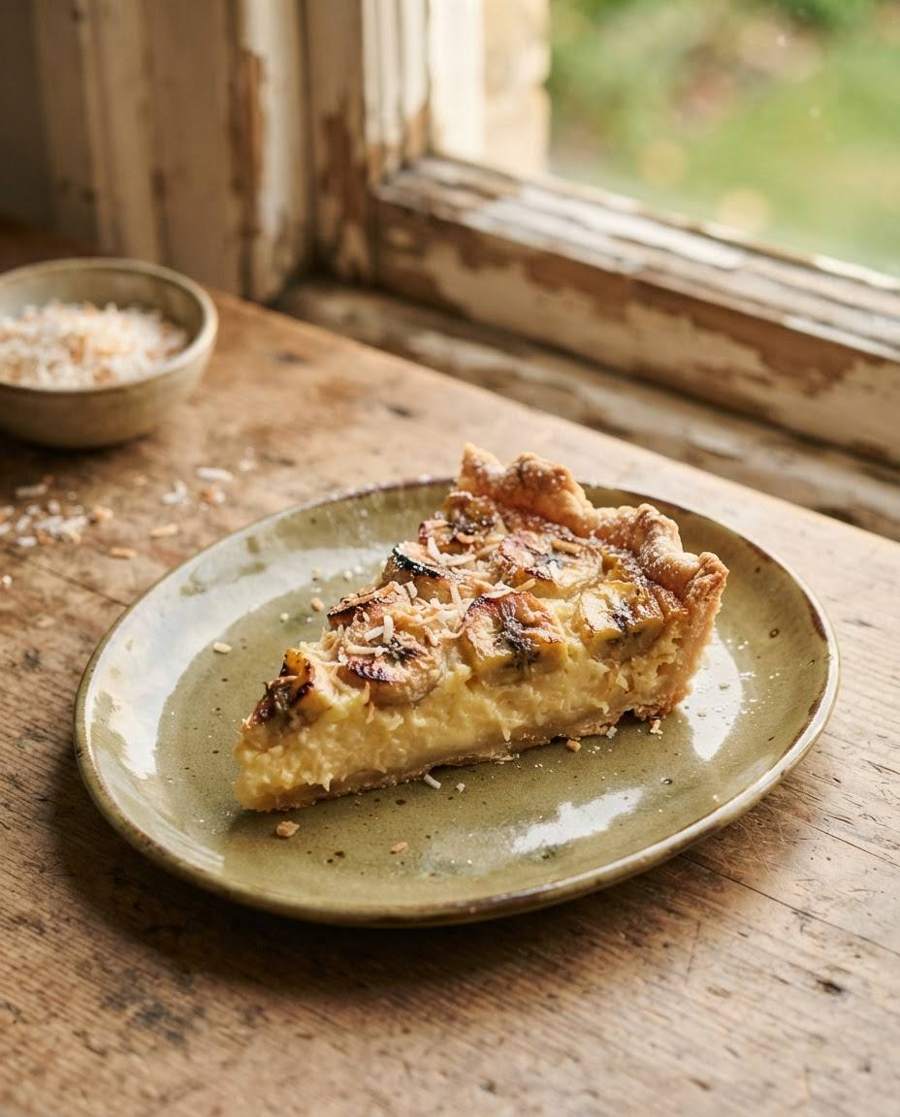 AI food photography: slice of banana and coconut tart on a green plate by a window