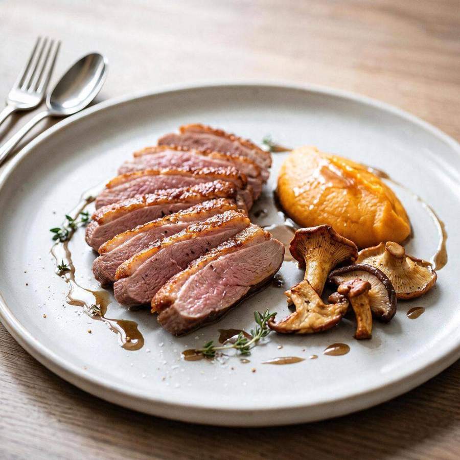 AI food photography: sliced duck breast with mushrooms on a ceramic plate