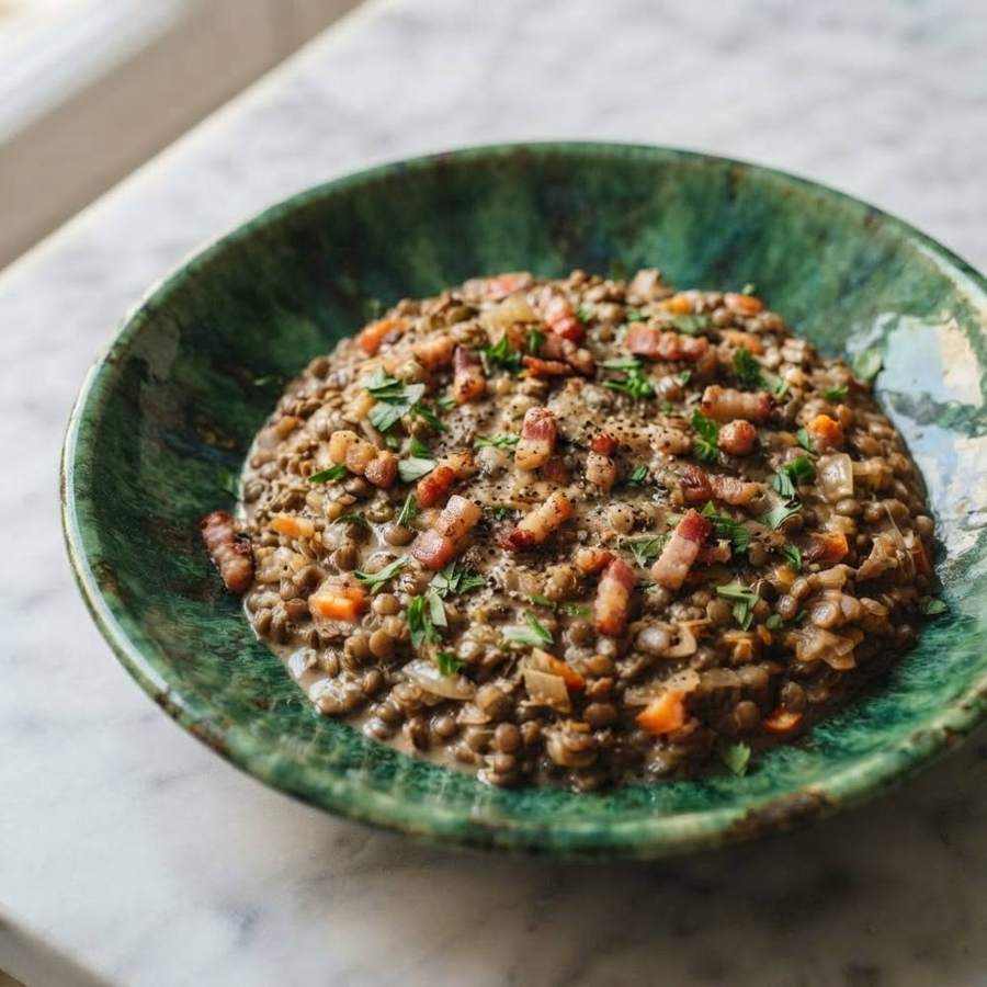 AI food photography: lentils with bacon in a green glazed bowl on marble