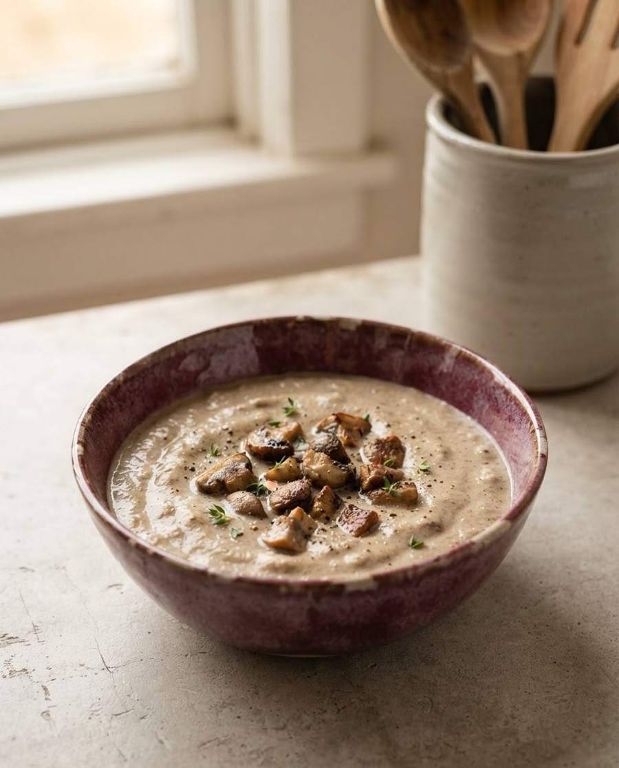 AI food photography: creamy mushroom soup in a burgundy glazed bowl