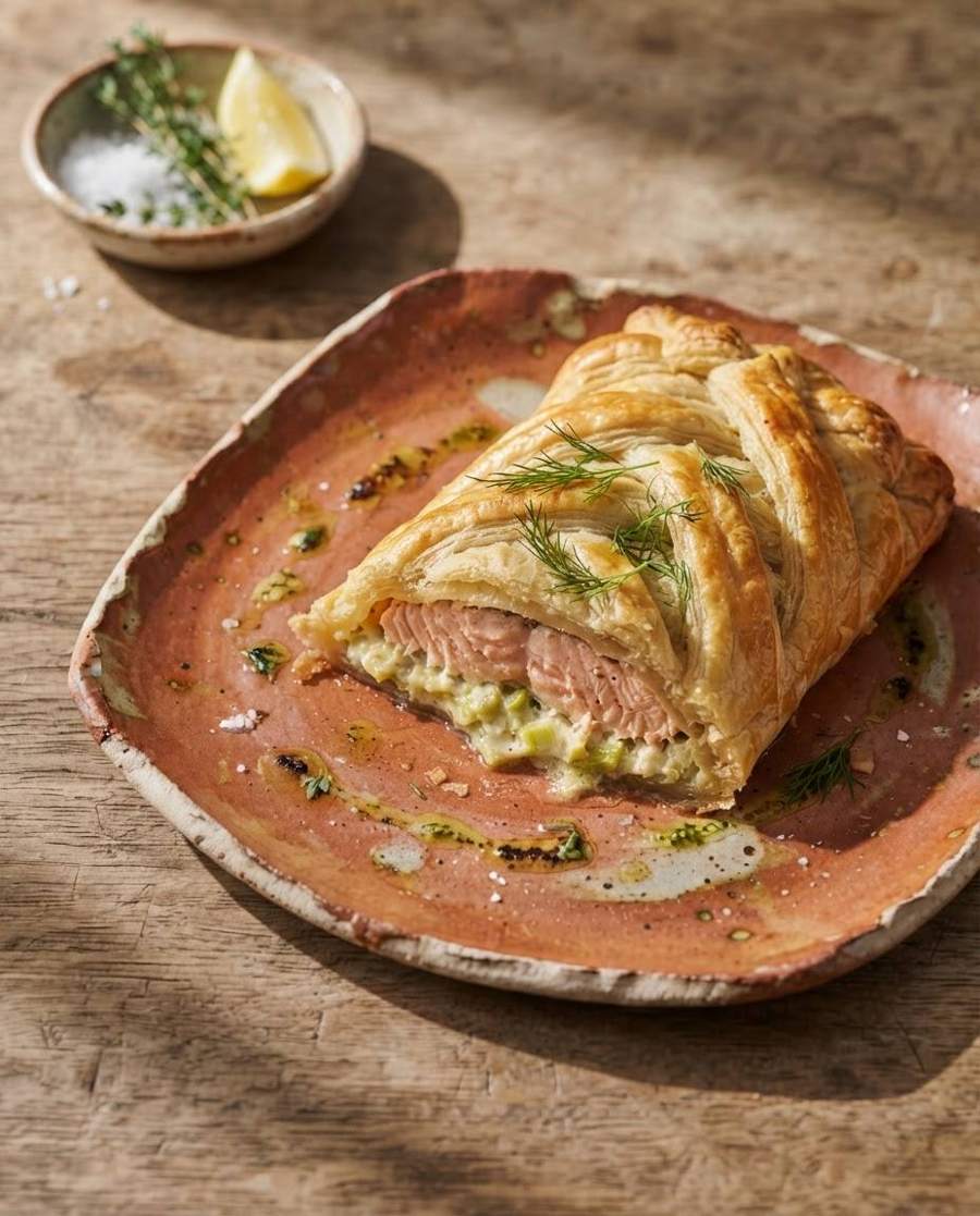 AI food photography: salmon in puff pastry on a terracotta plate, natural light