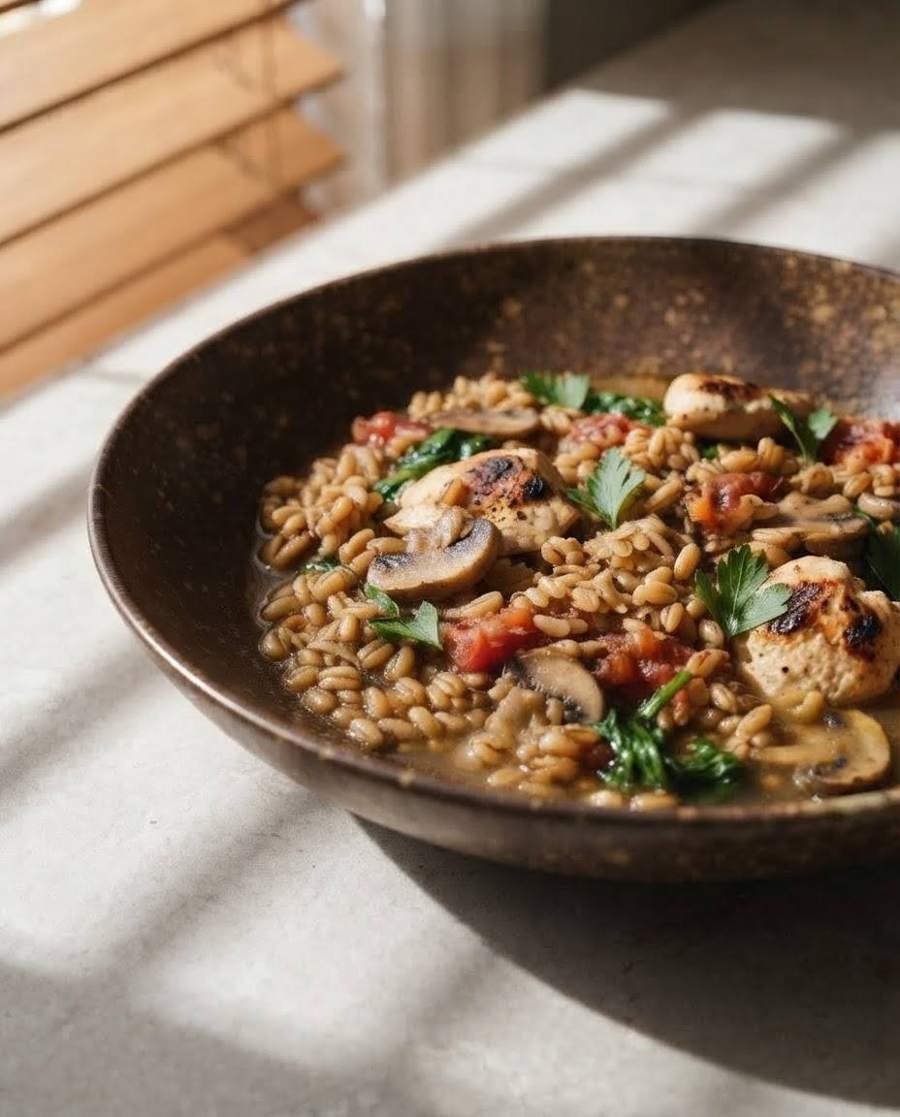 AI food photography: spelt with chicken and mushrooms in a dark ceramic bowl