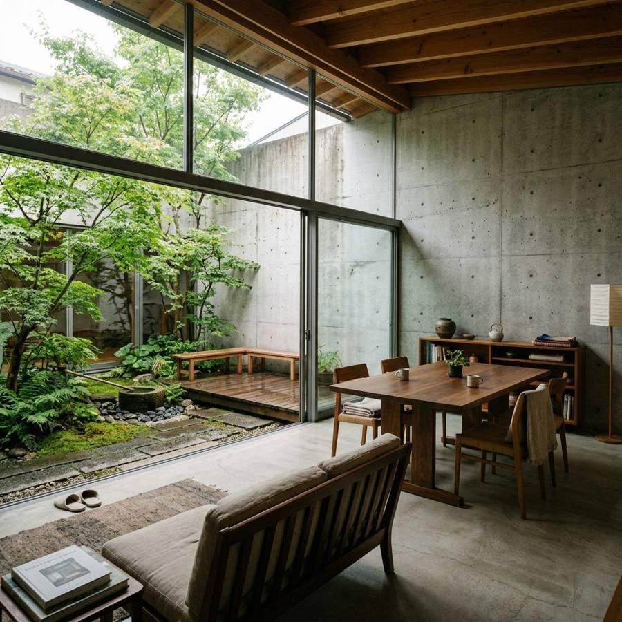 AI-generated architectural interior: concrete and wood house open to a garden