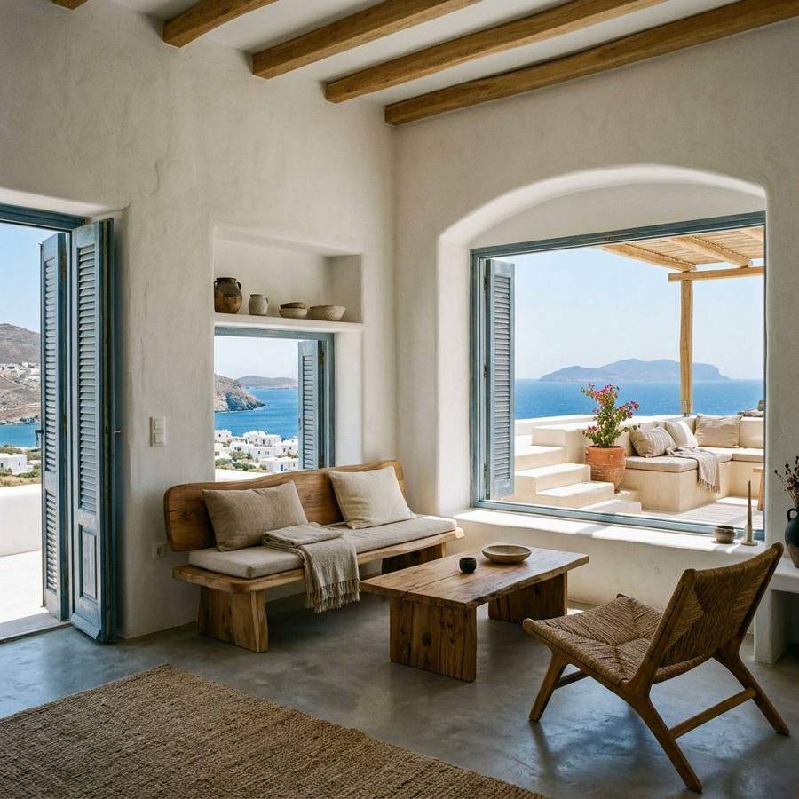 AI-generated interior: Mediterranean living room with an arched window and a sea view
