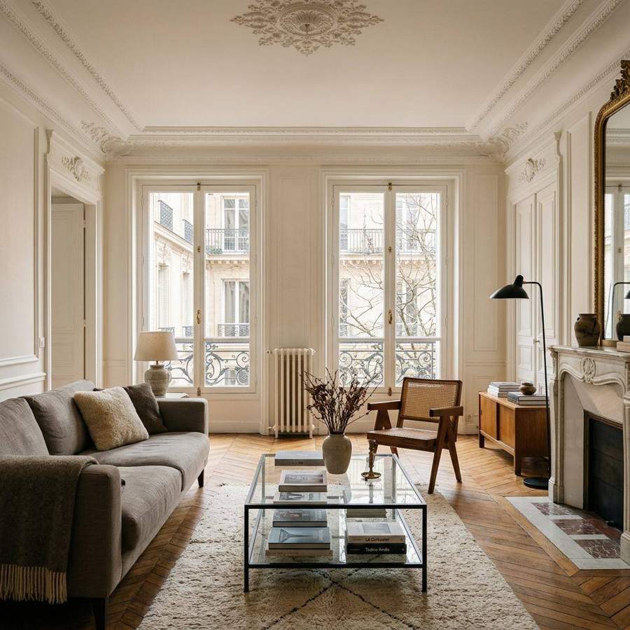 AI-generated interior: Parisian-style apartment living room with tall windows
