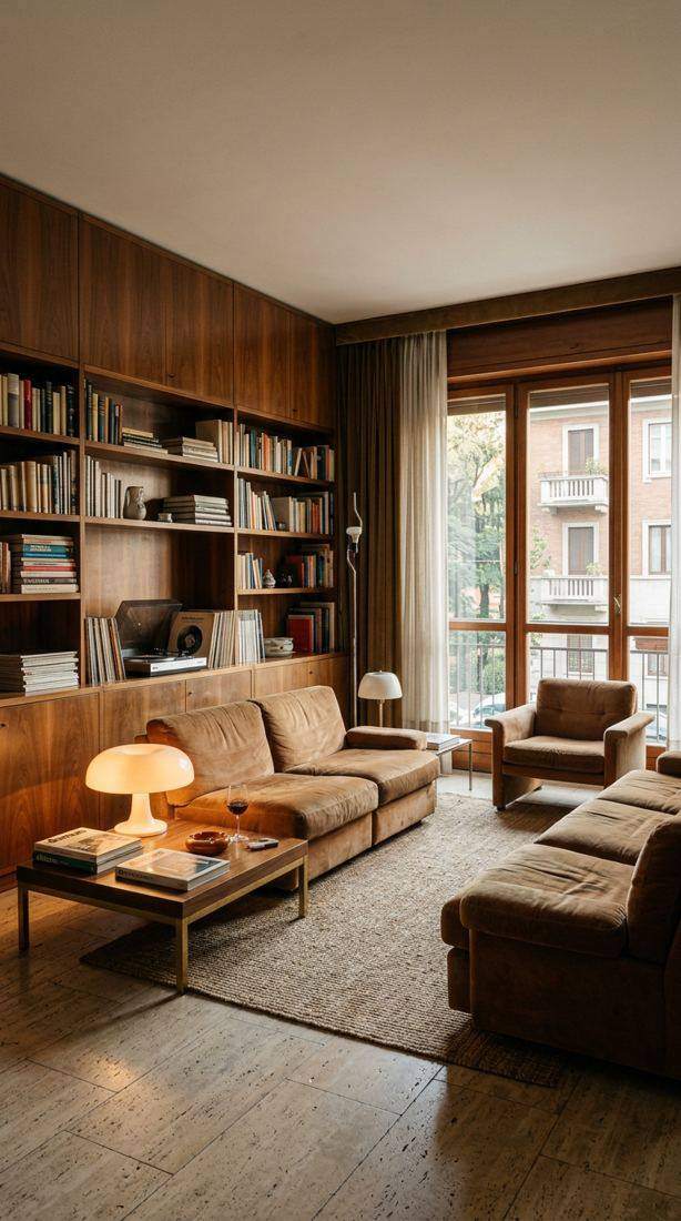 AI-generated interior: wood-panelled living room with bookshelves and armchairs