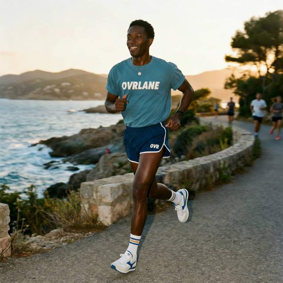 AI-generated lifestyle photograph of a runner on a coastal path at sunset