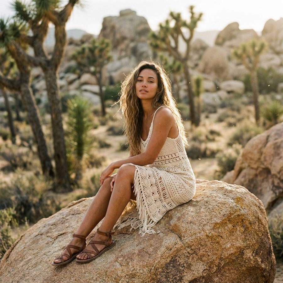 AI-generated outdoor photograph of a woman sitting on a rock among Joshua trees