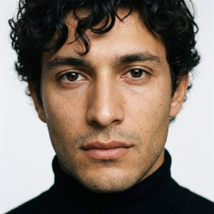 AI-generated portrait of a curly-haired man in a black turtleneck