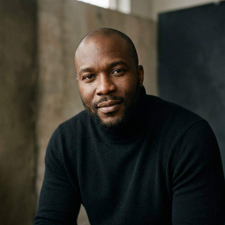 AI-generated portrait of a man in a black sweater against a dark studio wall