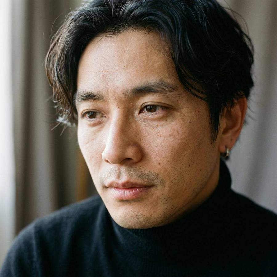 AI-generated portrait of a man with dark wavy hair in a black turtleneck