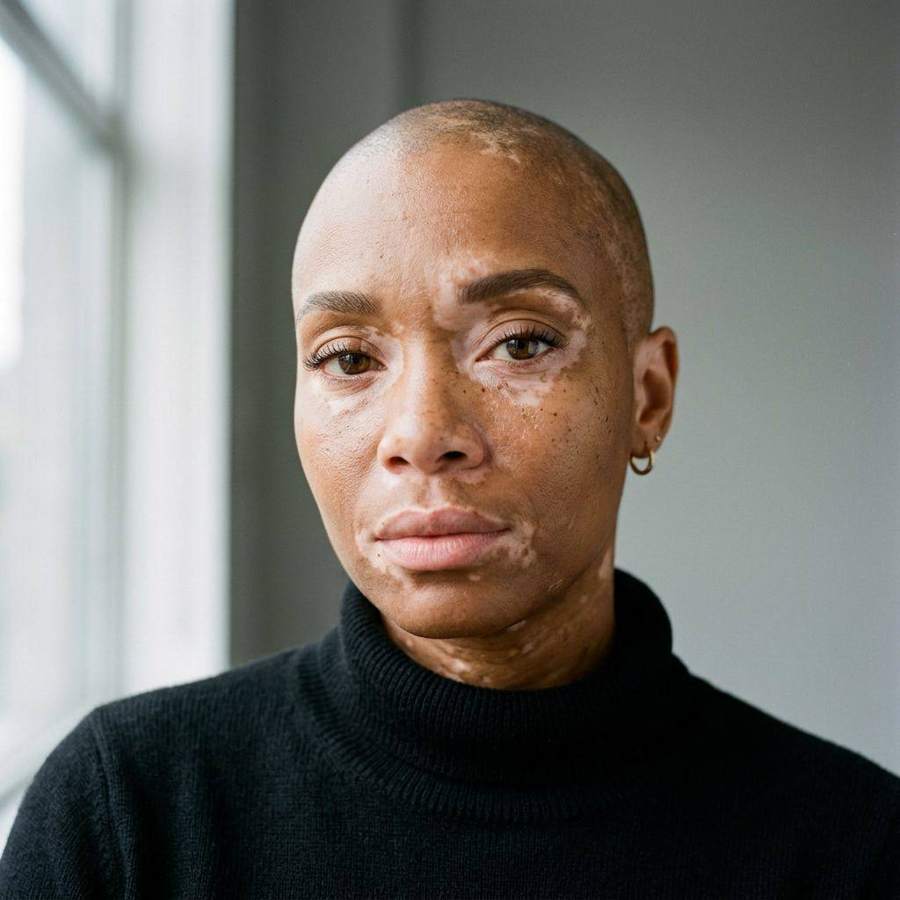 AI-generated portrait of a bald woman in a black turtleneck, soft window light