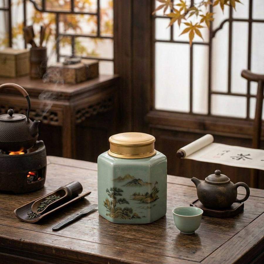 AI product photography: celadon tea caddy and cast-iron teapot on a wooden table