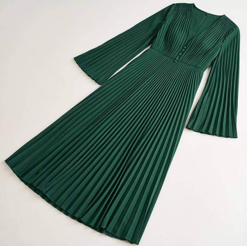 AI product photography: green pleated dress flat lay