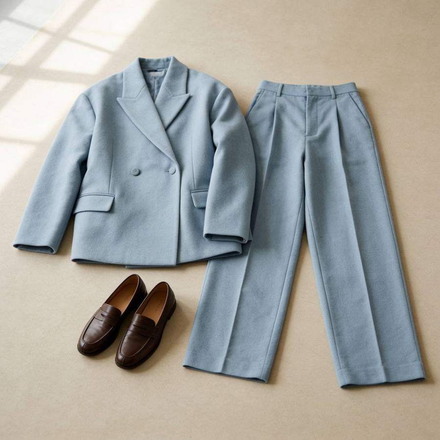 AI product photography: light blue suit and loafers flat lay