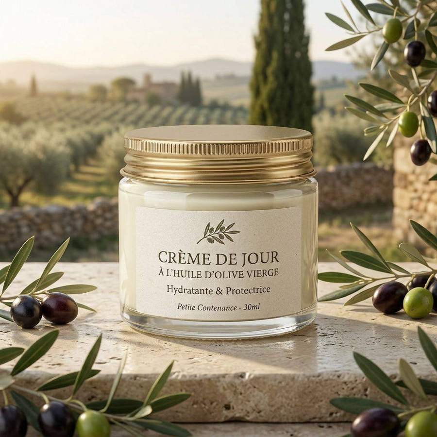 AI product photography: olive oil day cream jar on a stone ledge in an olive grove
