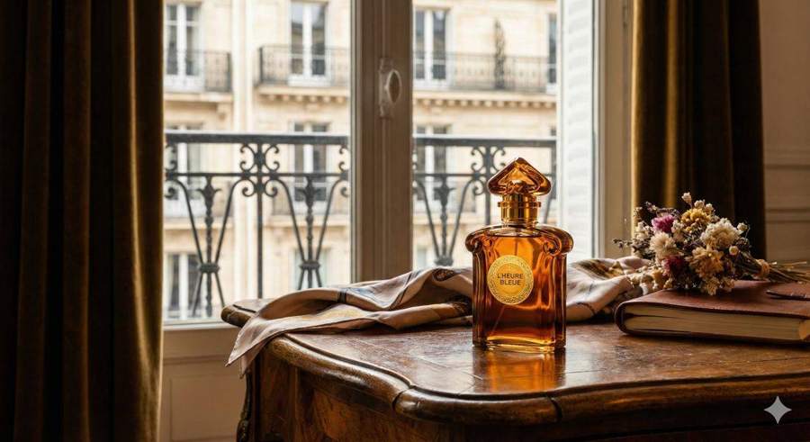 AI product photography: amber perfume bottle on a wooden desk by a Parisian window