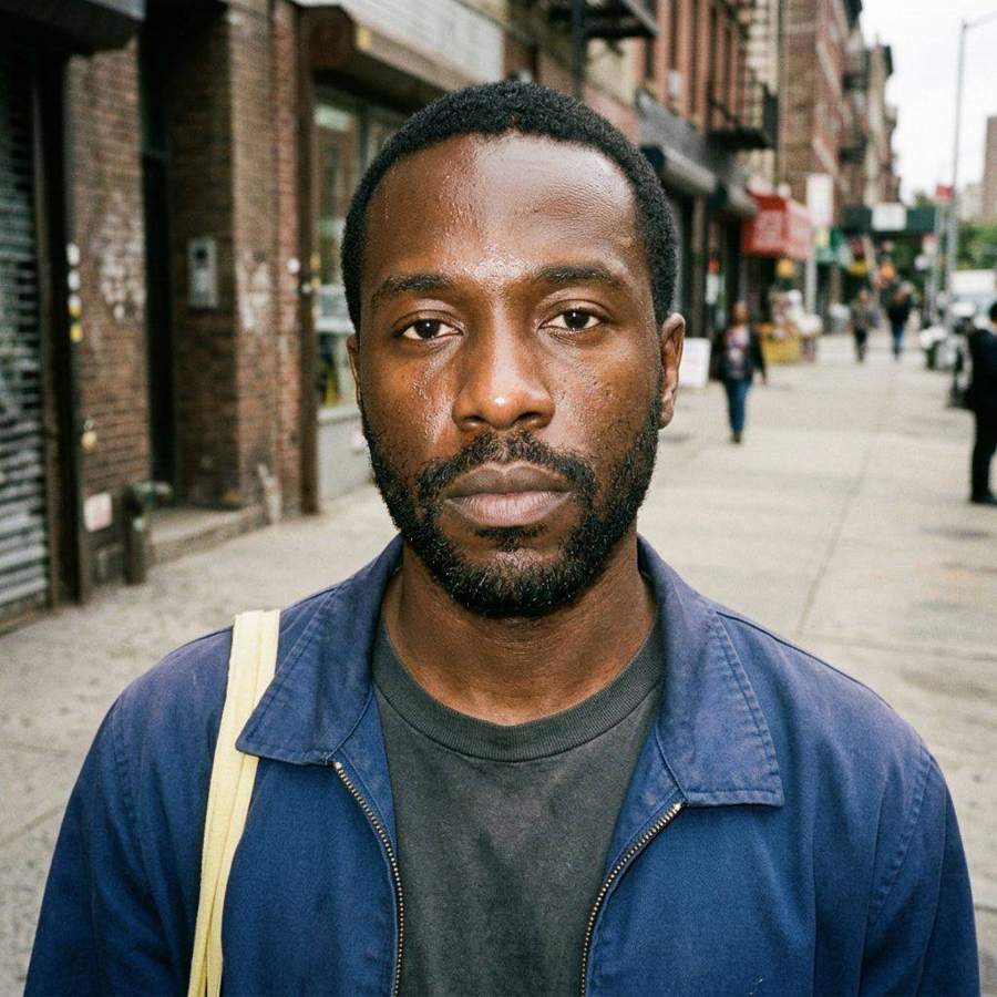 AI-generated street photograph of a man in a blue work jacket on a city sidewalk
