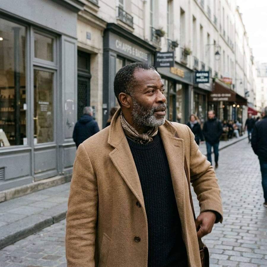 AI-generated street portrait of a man in a camel coat on a city street