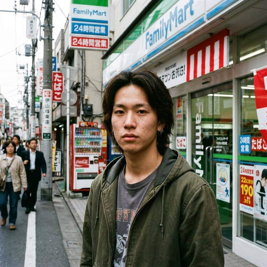 AI-generated street photograph of a man in a green jacket in front of a convenience store