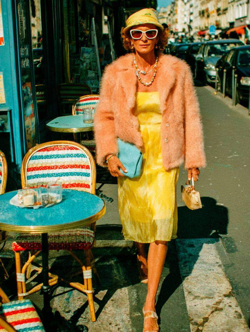 AI-generated street photograph of a woman in a yellow dress and pink coat at a colourful café terrace
