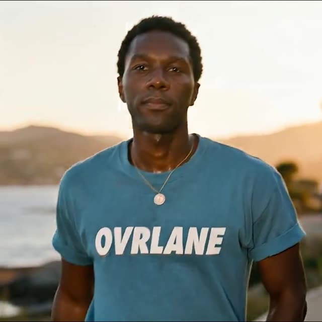 AI video portrait: a man in a blue t-shirt at sunset by the sea