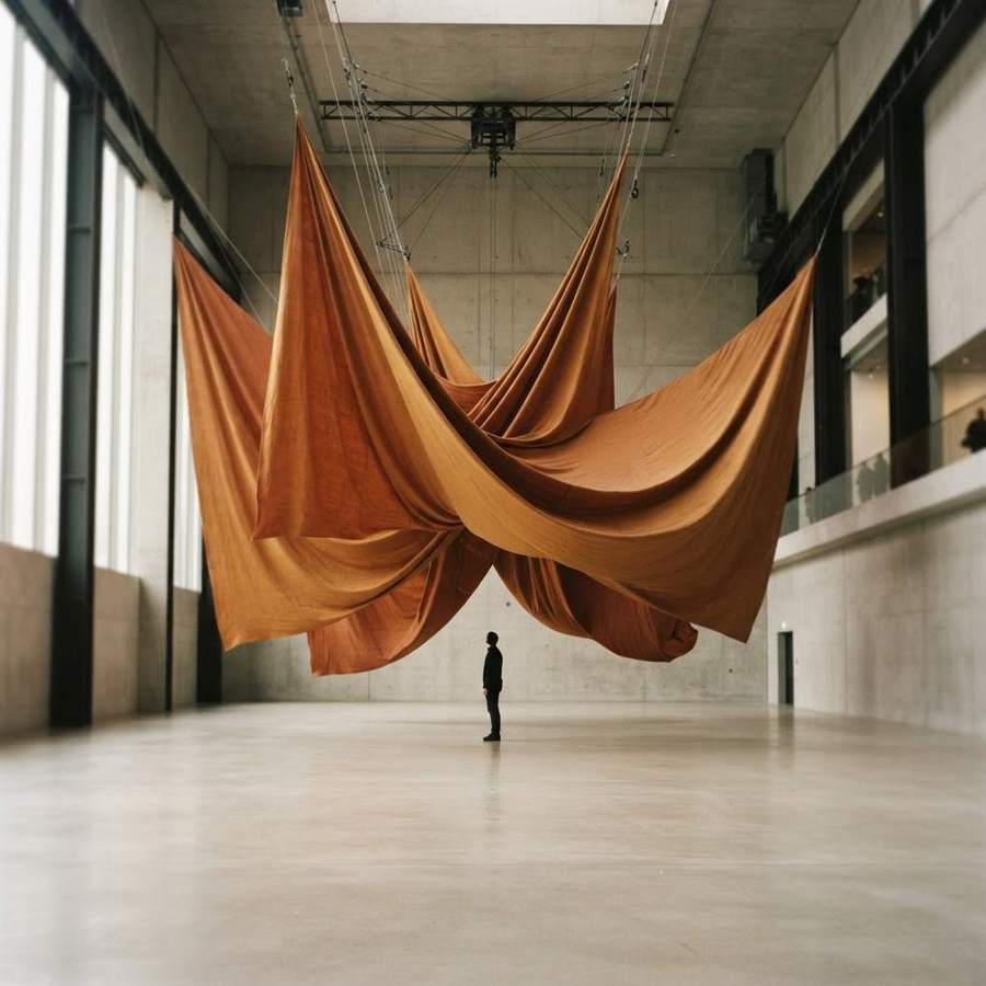 AI-generated art installation: huge ochre fabric suspended in a concrete gallery hall