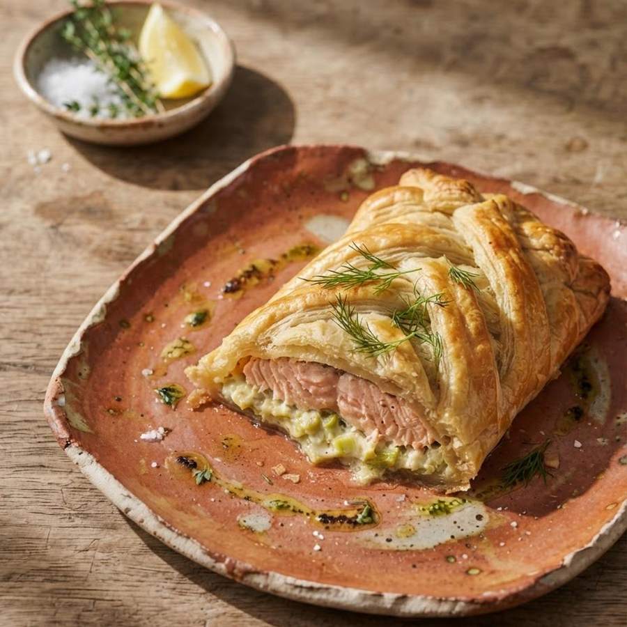 AI food photography: salmon in puff pastry on a terracotta plate