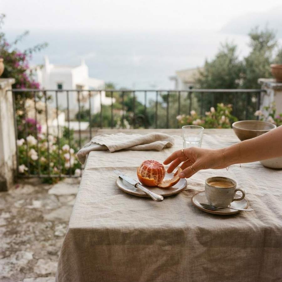 AI-generated lifestyle photograph of a Mediterranean terrace breakfast with a blood orange and espresso