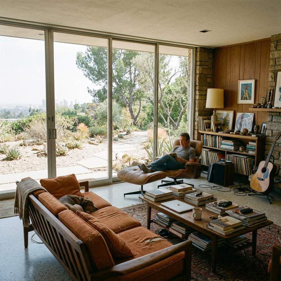 AI-generated lifestyle photograph of a man reading in a mid-century modern living room