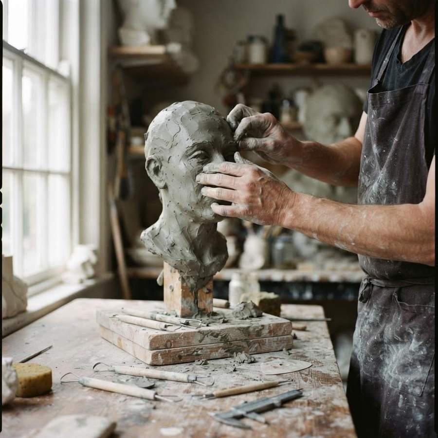 AI-generated photograph of a sculptor modelling a clay bust in his studio
