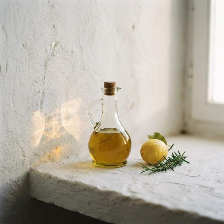 AI-generated still life: olive oil carafe, lemon and rosemary in window light